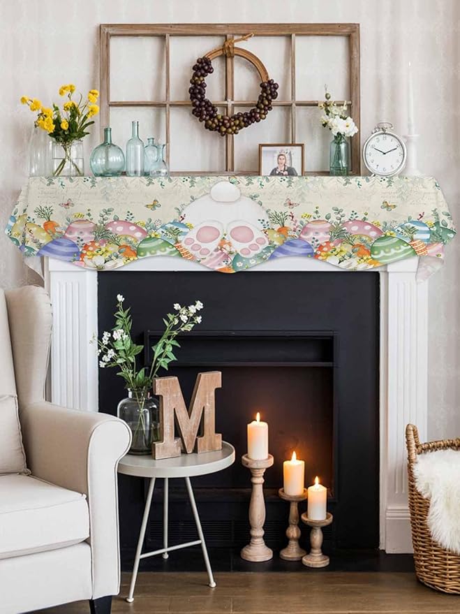 Cute Easter Bunny Fireplace Mantel Scarf Table Runner, Eucalyptus Leaves Colorful Eggs Beige Winter Garland Mantel Top Tablerunners Dresser Scarves Cover for Windows Party Living Room 90''x17''