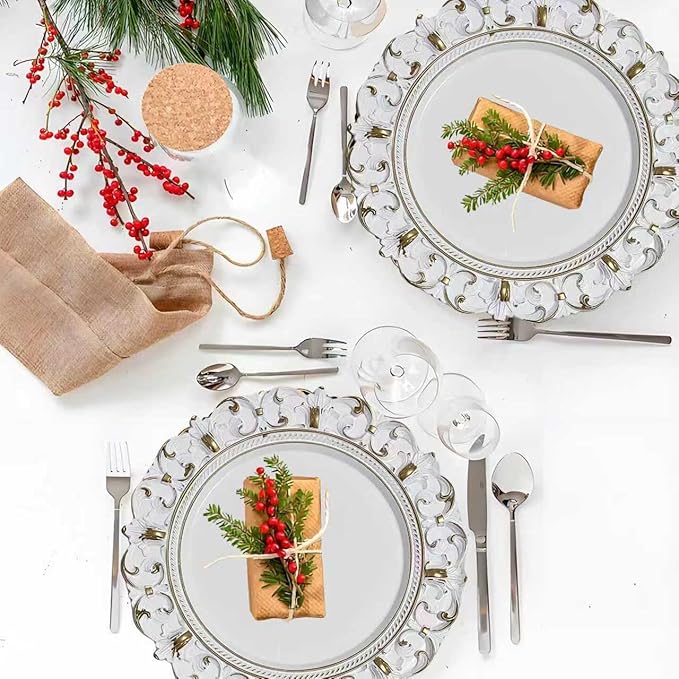 6 Pack White Charger Plates 13" Round Charger Plates for Dinning Plates with Embossed Rim Plastic Charger for Dinner, Wedding, Elegant Tableware Decor