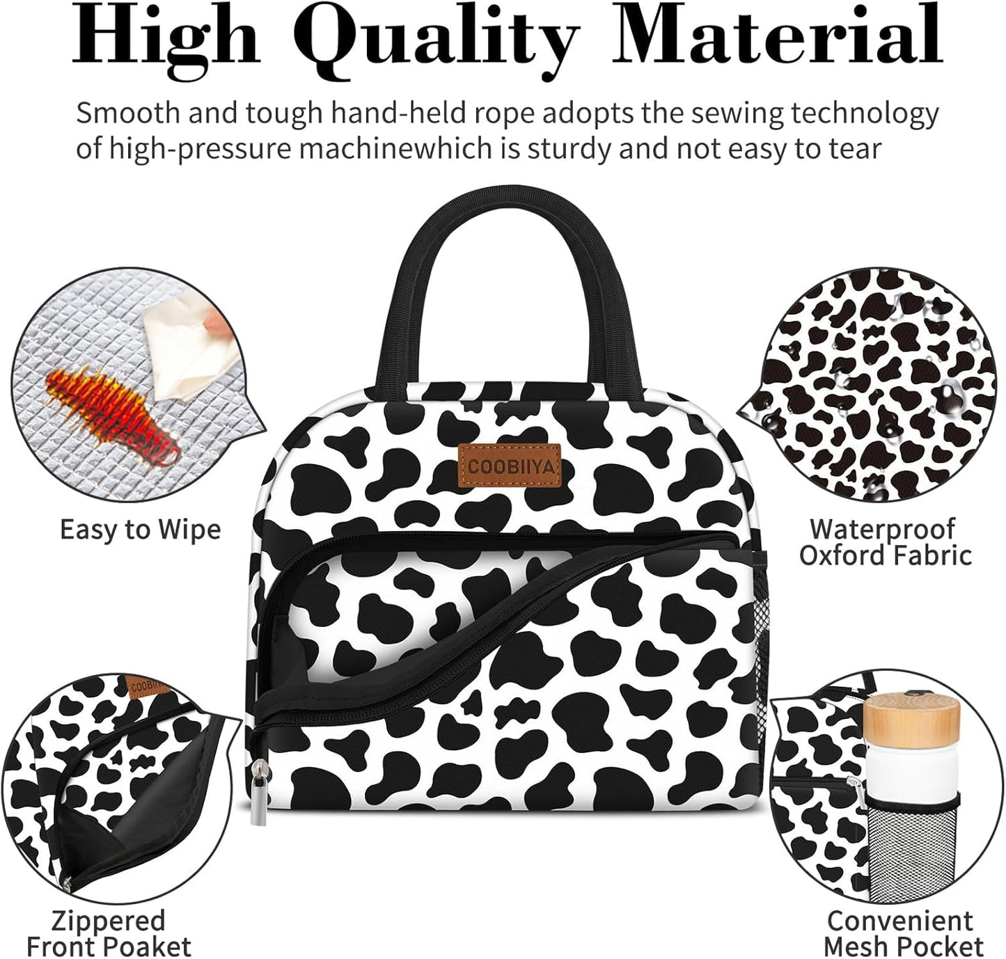 Coobiiya Lunch Bag for Women and Men - Cow, Aluminum, 10.8" x 6.3" x 8.85" - Spacious, Lightweight, and Durable