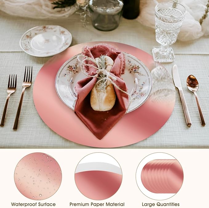 KesaPlan 100PCS Round Rose Gold Placemats, 13" Disposable Paper Placemats for Dining Table, Mirrored Rose Gold Charger Place Mat for Kitchen Banquet Table Setting Wedding Birthday Dinner Party Decor