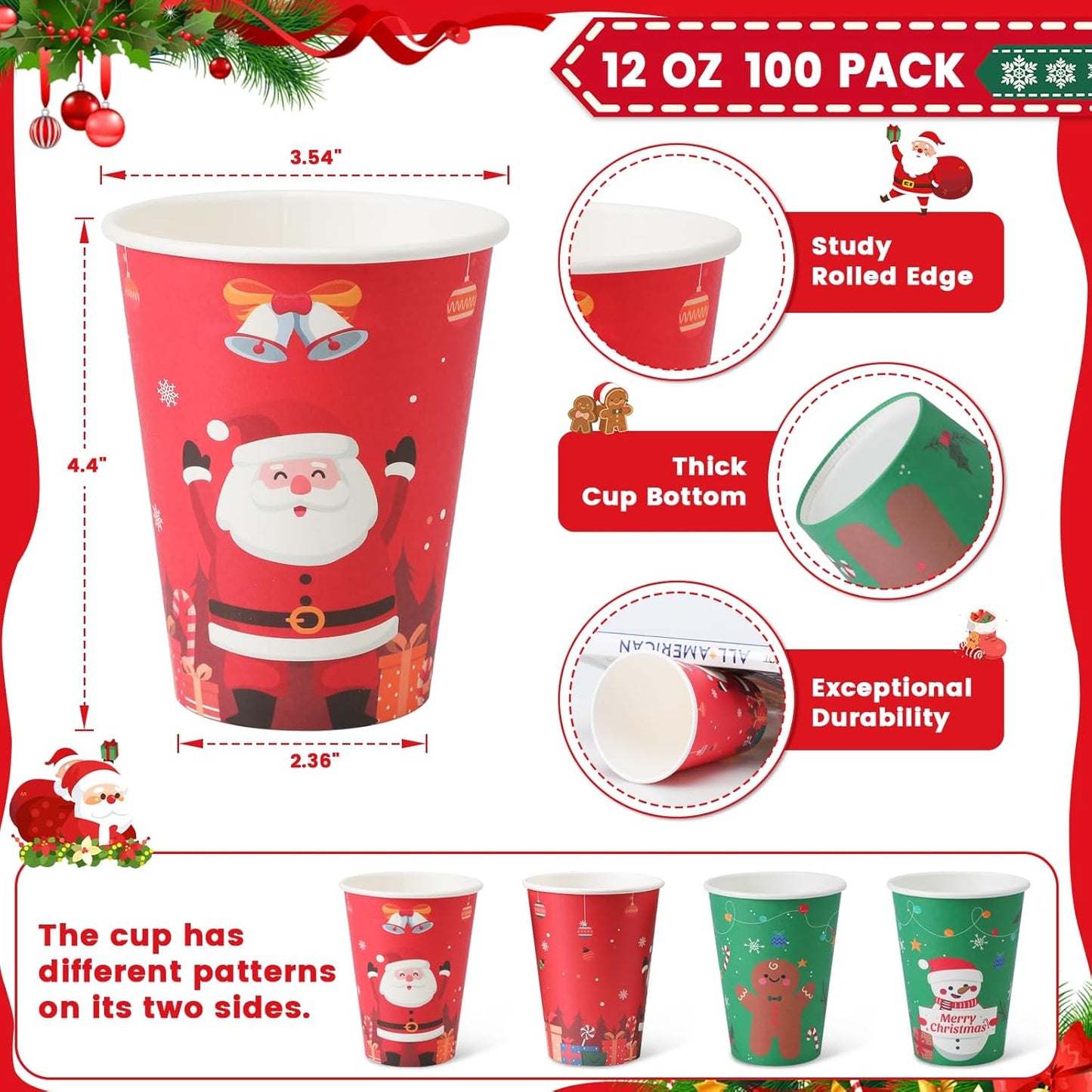 Lamosi Christmas 100 Pack 12 OZ Coffee Cups, Disposable Paper Cups for Hot/Cold Beverage, Leak-Free Paper Coffee Cups for Cafe, Restaurant, Office and Home