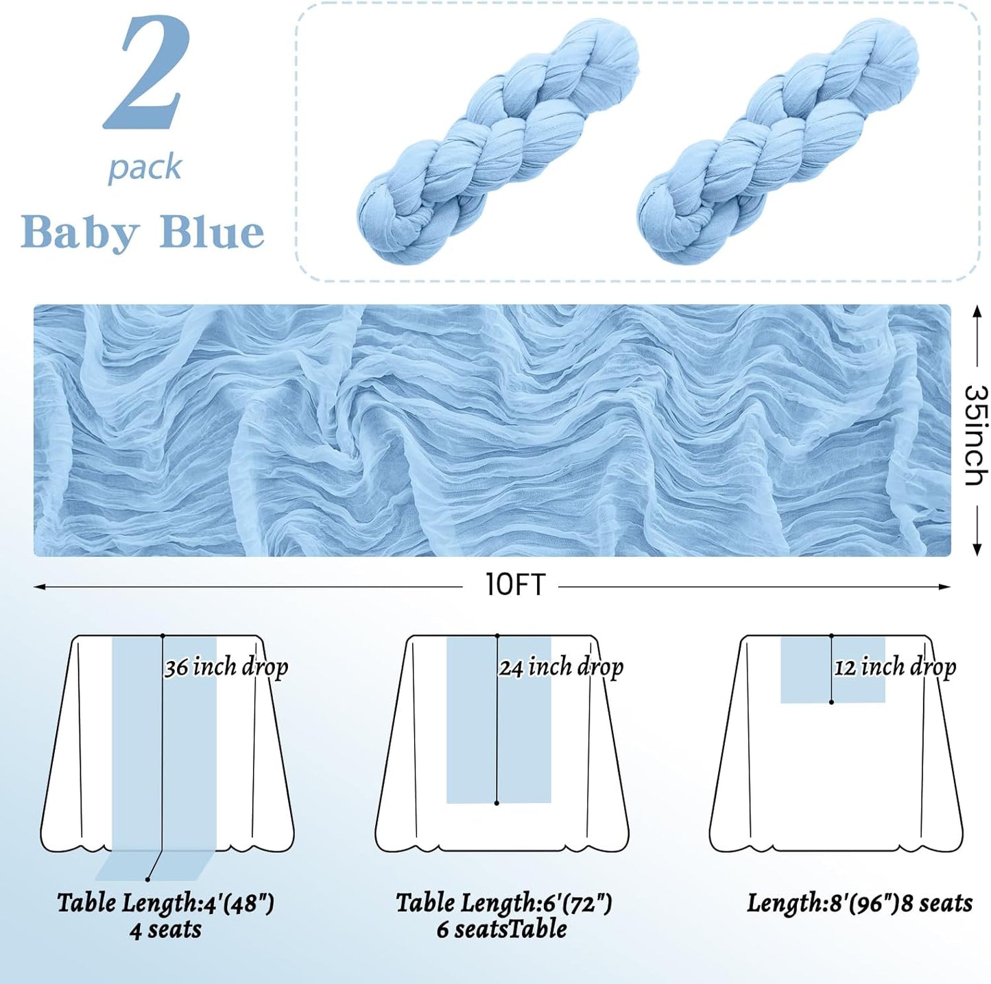 2Pack Light Blue Table Runner 10FT Cheesecloth Table Runner 35x120Inch Long Boho Cheese Cloth Table Runners Rustic Gauze Table Runners for Party Wedding Bridal Shower Baby Shower Decorations