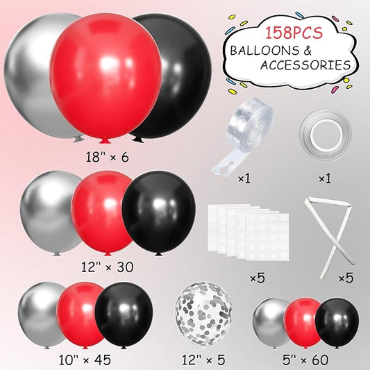MEBAY Black Red Metallic and Confetti Silver Balloons Garland Arch Kit, 147 Pcs Latex Balloon Different Sizes for Birthday Party Graduation Father's Day Anniversary Bachelorette Party Decoration