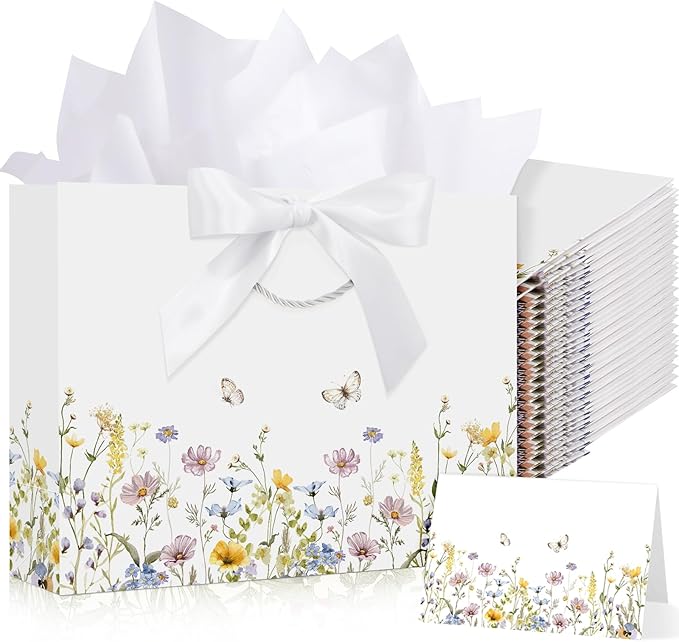 Maitys 12 Sets 13" Large Wildflower Gift Bag Spring Butterfly Floral Gift Bags with Tissue Papers, Ribbons and Greeting Cards for Wedding Bridal Shower Birthday Spring Tea Party Supplies