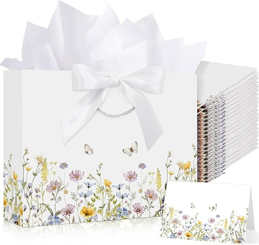Maitys 12 Sets 13" Large Wildflower Gift Bag Spring Butterfly Floral Gift Bags with Tissue Papers, Ribbons and Greeting Cards for Wedding Bridal Shower Birthday Spring Tea Party Supplies