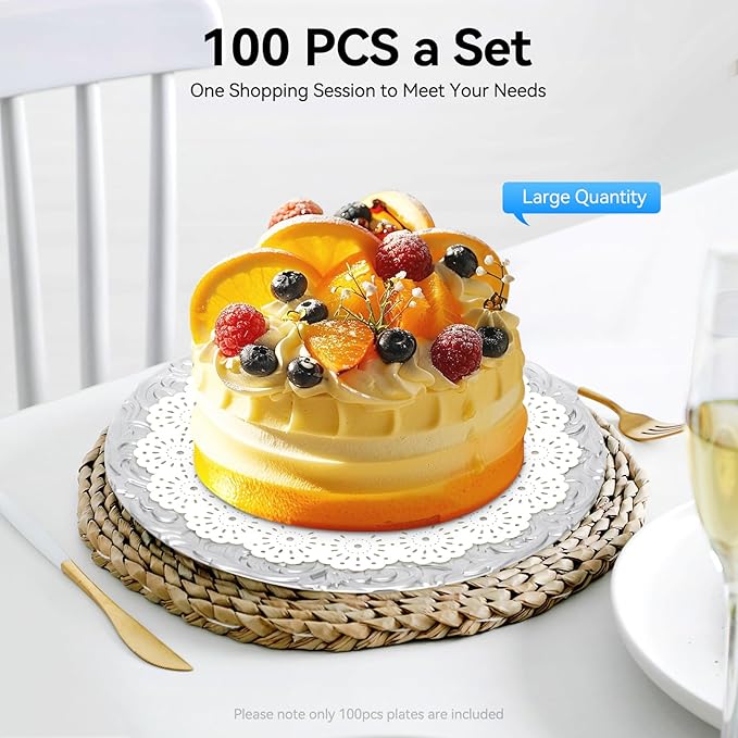 100 Pcs Silver Charger Plates Bulk, 13 In Round Charger Plates, Reusable Serving Silver Plate Chargers with Plastic Embossed Patterns for Wedding Dinner Party Event Decor