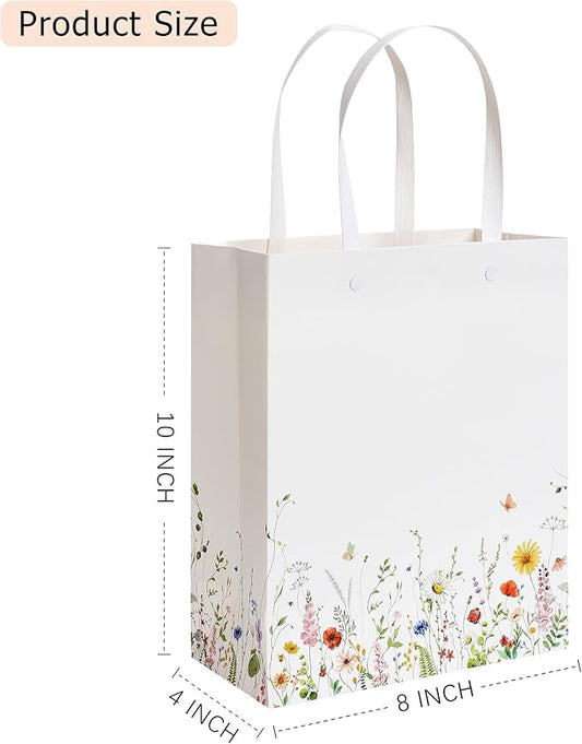 Crisky Paper Gift Bags with Handles, 12 Pack Wildflower Floral Gift Bags Medium Size for Wedding, Bridal Shower Gifts Bag, Baby Shower Party Favor, 10"x8"x4"