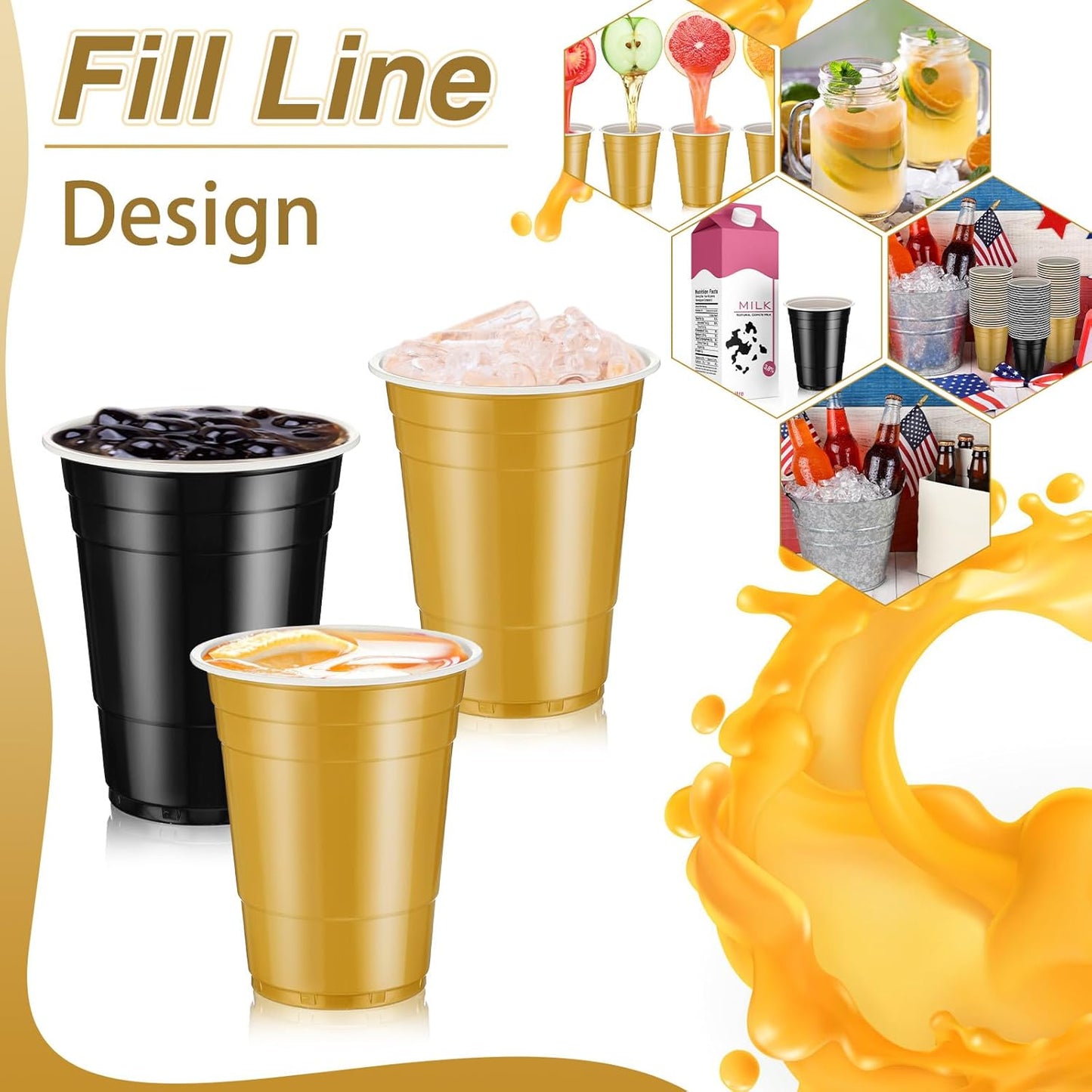 Lounsweer 100 Pack 16 Ounce Christmas Plastic Party Cups Disposable Heavy Duty Drinking Water Cups for Holiday Christmas Festival Wedding New Year Birthday Party Supplies(Black, Gold)