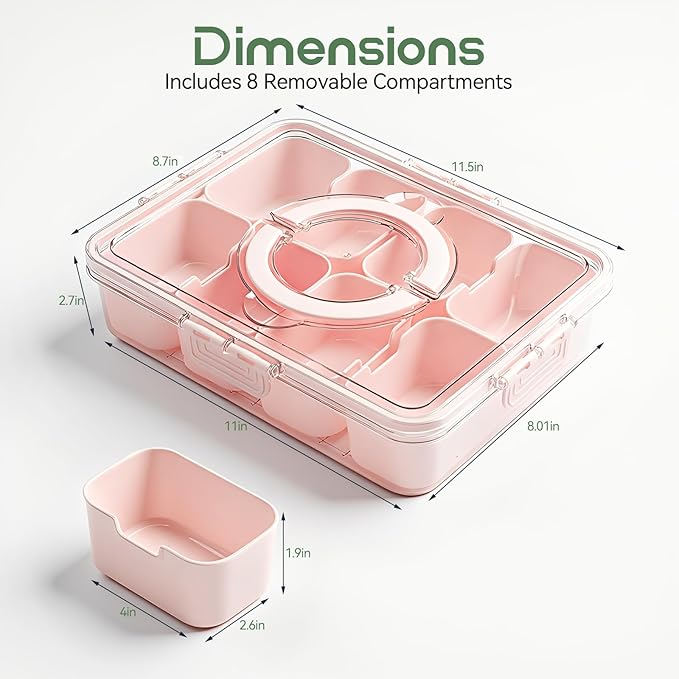 Snackle Box Container, Divided Serving Tray with Lid and Handl 8 Compartments Snacks Box,Candy Snack Fruit and Veggie Tray, Suitable for Picnics Trips Parties and Holidays