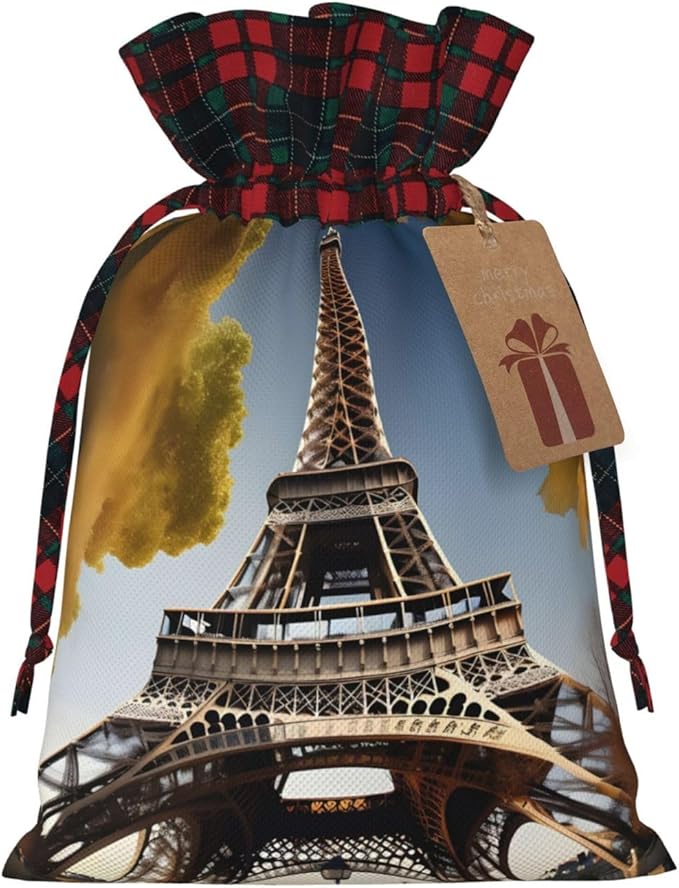 PULaif Cityscape Paris Eiffel Tower France Christmas Drawstring Gift Bags, Large Size Christmas Bags For Gifts Party Favors, Xmas Gift Bags