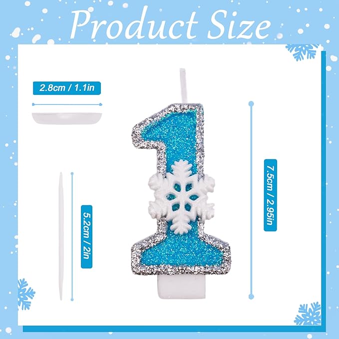 1st Blue Snowflake Birthday Candles Frozen Themed Number 1 Candles for Cake Topper Cupcake Decorations Party Decor Anniversary Celebrations Supplies