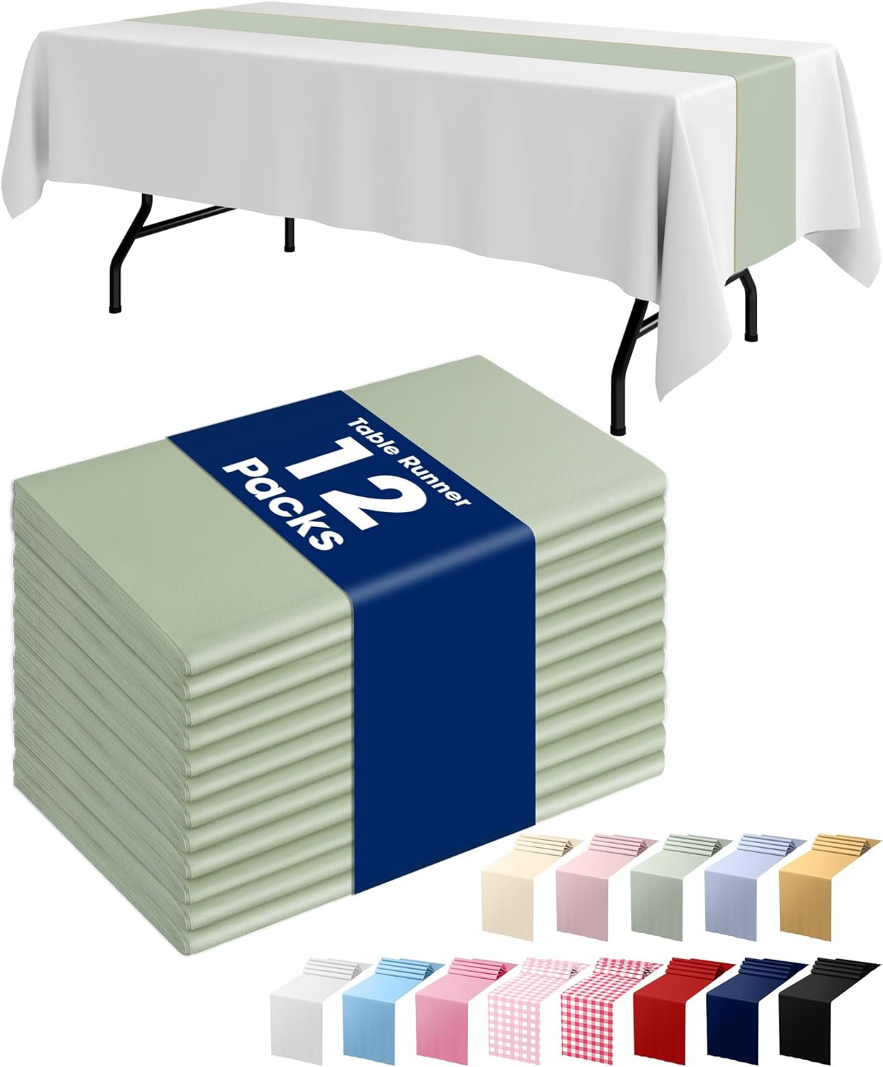 Pureegg Sage Green Plastic Table Runners - 12 Pack, 14'' x 108'', Water Resistant & Disposable Centerpiece Decorations for Table Cloth, Wedding, Birthday, Holiday, Baby Shower, Party, Home Decor