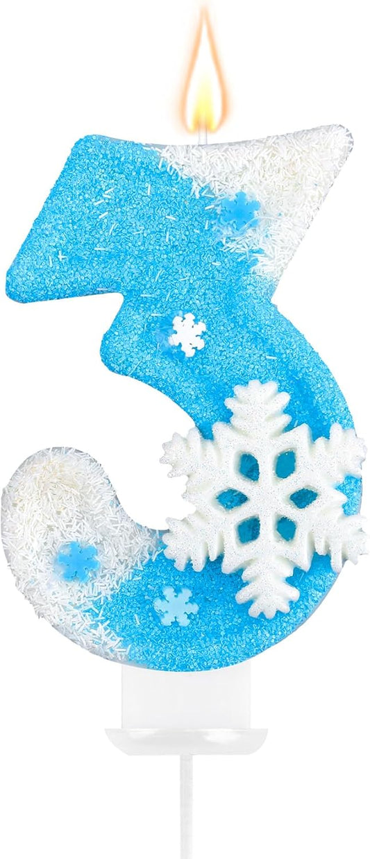 Frozen Birthday Party Decorations, Number 3 Birthday Candle, Frozen Birthday Party Favors, Happy Birthday Candle for Cake, Blue Snowflake Cake Topper Decoration for 3rd 3 Year Old Party Favor Supplies