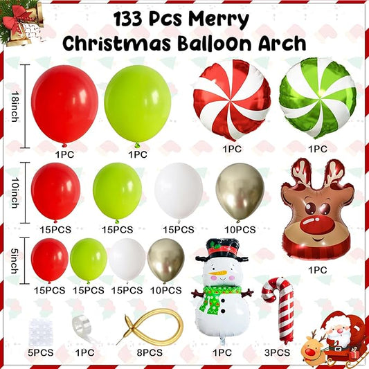 Christmas Balloons Decorations Red Green Gold White Balloon Garland Arch Kit with Snowman Reindeer Candy Cane Foil Mylar Balloon for Merry Christmas Xmas New Year Baby Shower Birthday Party Decoration