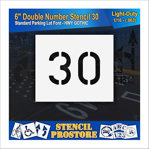 Pavement, Curb, and WheelStop Stencils - 6 inch Double Number Stencil - (30) - 6" x 9" x 1/16" (63 mil) - Light-Duty