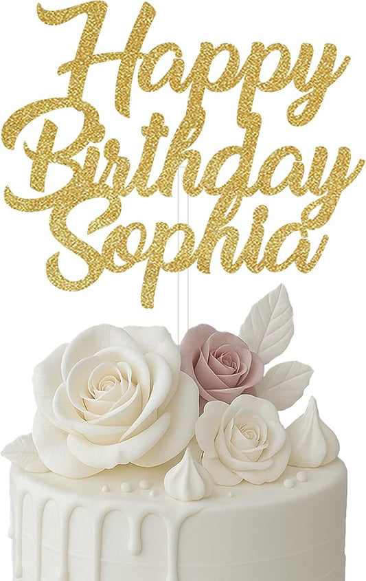 Happy Birthday Cake Topper, Gold Glitter, Personalized, 6' or 8'