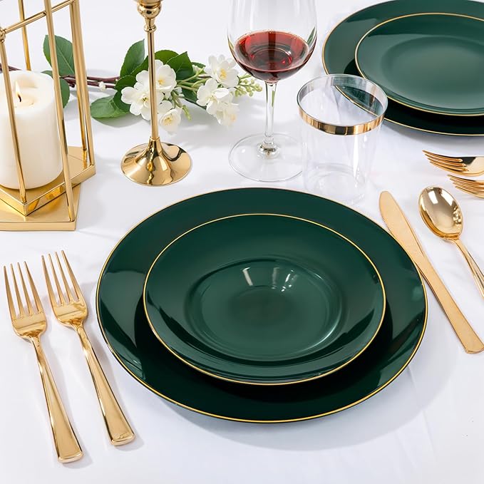 Nervure 100Pcs Green and Gold Plastic Plates - 10.25inch Disposable Green Dinner Plates - Heavy Duty Plastic Plate Ideal for Wedding & Party (Pack of 2)