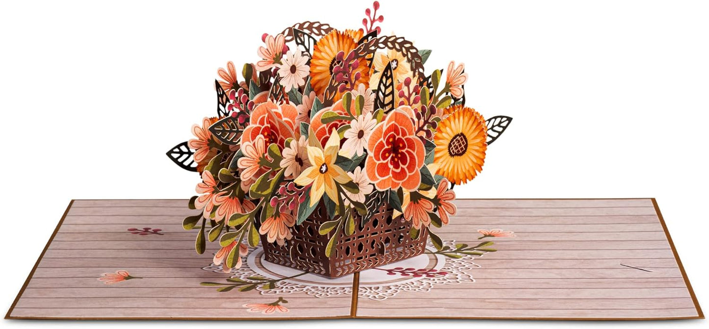 Paper Love 3D Rustic Flower Basket Pop Up Card, For Fall, Birthday, Thanksgiving, Thinking of You, Sympathy, Get Well, All Occasion or Just Because - 5" x 7" Cover - Includes Envelope and Removable Note Tag