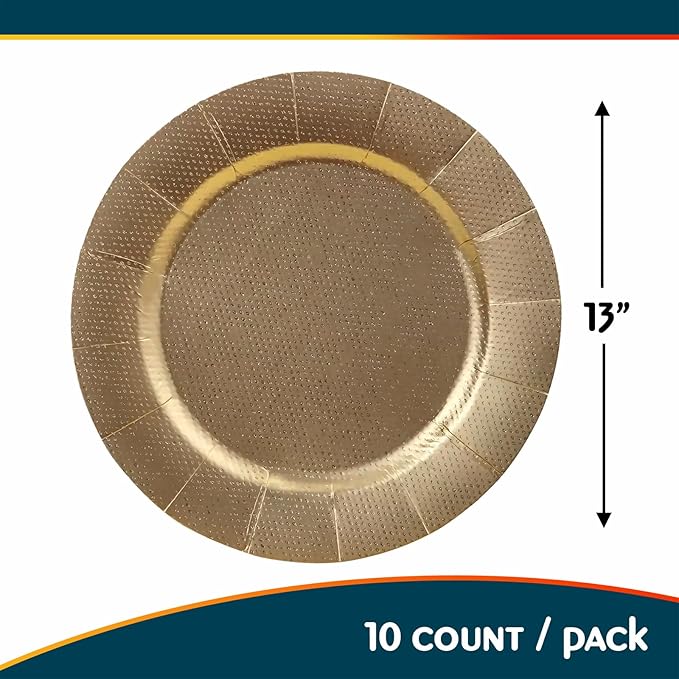 Silver Spoons Gold with Glitz Design Charger Disposable Paper Plates - 13" (Pack of 10) - Perfect for Weddings, Parties & Special Occasions