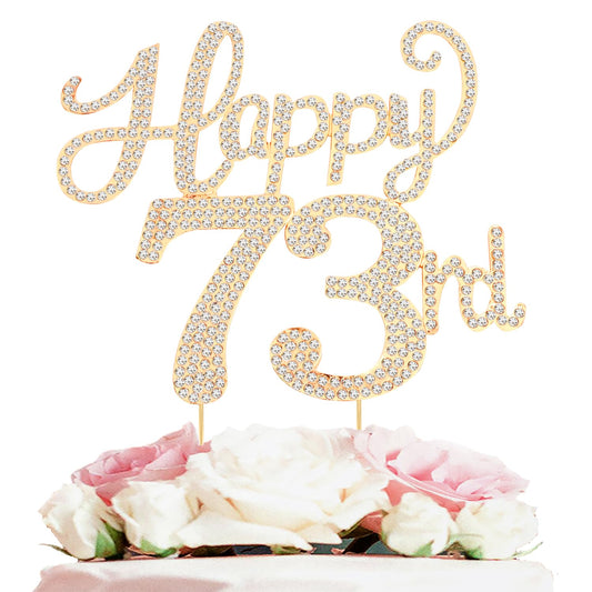 Happy 73rd Birthday Decorations,73rd Birthday Gold Rhinestone Cake Topper - Cheers to 73 Years Old Bday Party Metal Sparkly Cake Centerpieces Sign.