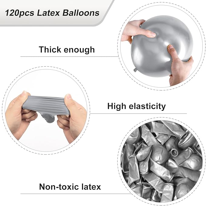 RUBFAC 120pcs Balloons for Birthday Baby Shower Graduation Anniversary Wedding Party Supplies Garland Arch Decoration,12 Inches,Silver Chrome Metallic