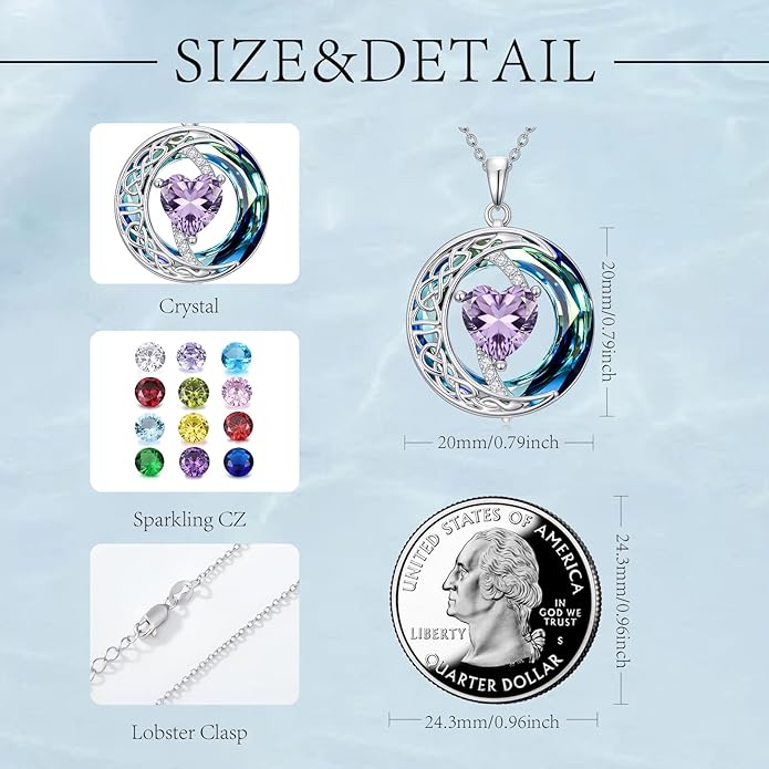 Valentines Day Gifts for Women, Birthstone Necklace for Women, Celtic Moon Pendant Blue Crystal Necklace Heart Jewelry Anniversary Jewelry Gift for Daughter Wife Mother Sister