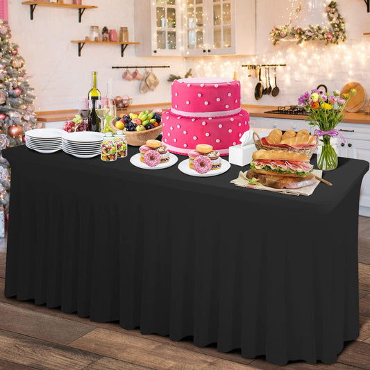 Thick 2 in 1 Spandex Table Skirt and Cover 4ft, Rectangle Fitted Tablecloth with Pleated Skirt, Wrinkle Free Rectangular Table Cloth for Banquets and Vendor Event (Black, 48"*24"*29")