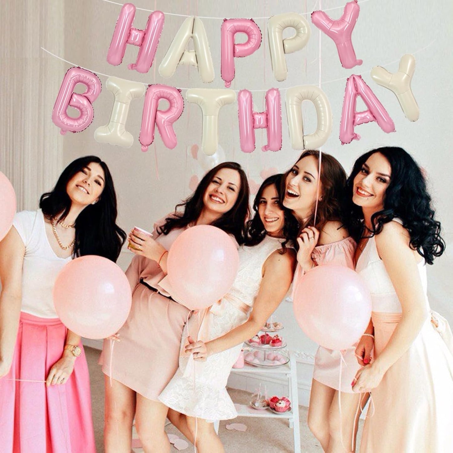 TONIFUL Happy Birthday Balloons with Ribbon Straw 16 Inch Mylar Letters Balloons Sign Banner Bunting Reusable for Girls Boys Kids & Adults Party Decorations Supplies（Cream White Pink）