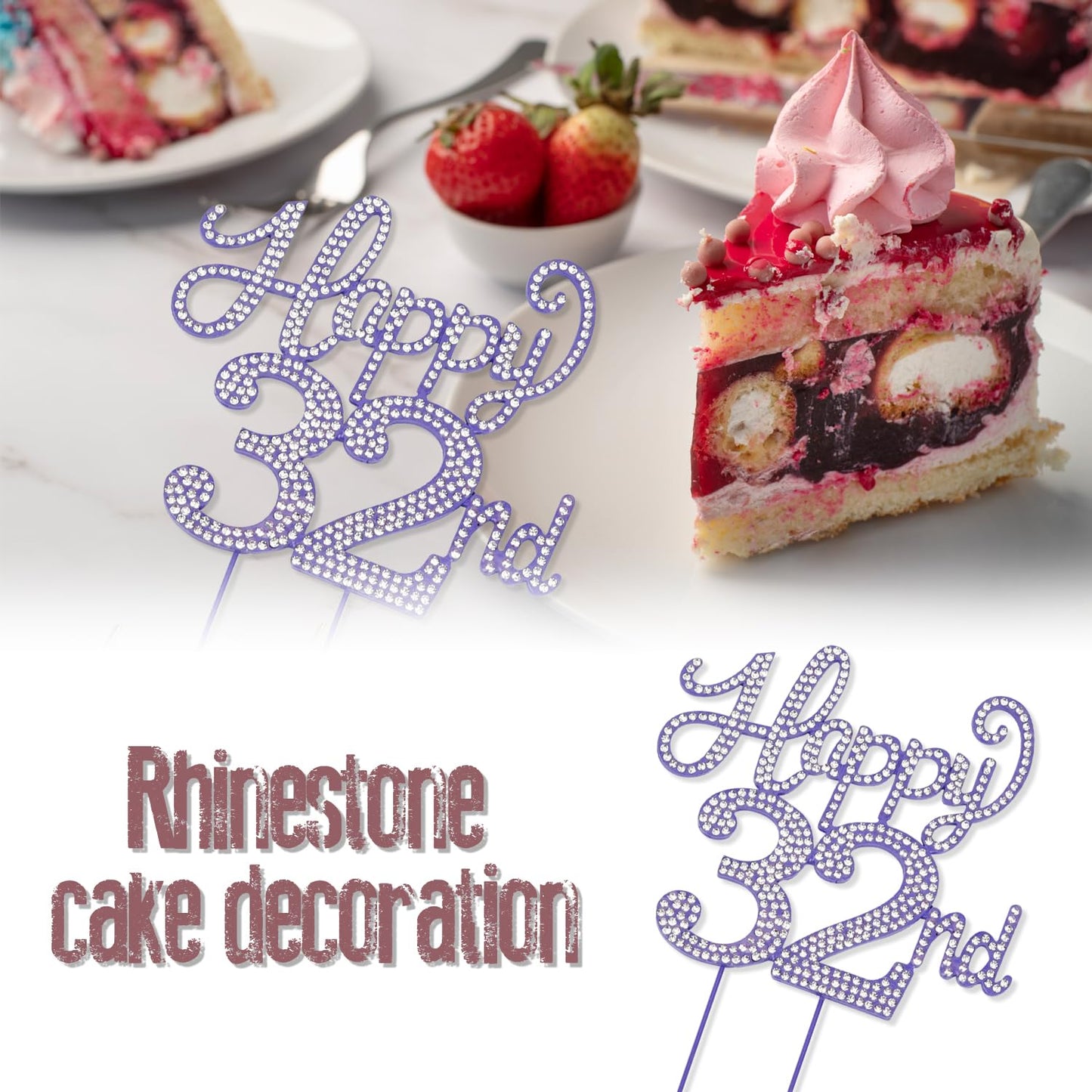 LASKYER Happy 32nd Birthday Purple Rhinestone Cake Topper - 32nd Birthday/Anniversary,Cheers to 32 Years Old Bday Party Metal Sparkly Centerpieces Decorations.