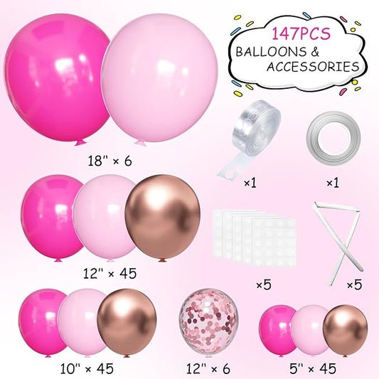 MEBAY Pink and Rose Gold Balloon Garland Arch Kit, 147Pcs Hot Pastel Pink Metallic Rose Gold Balloons with Confetti for Bridal Baby Shower Birthday Princess Wedding Mother's Day