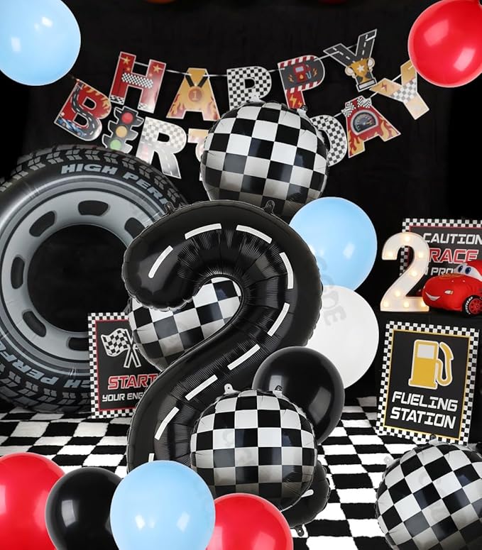 Race Car Balloon Bundle 20 Pcs Checkered Balloons Latex Balloon Blue Red Black Boy One Happy 1st 2nd Vintage Fast One Two Fast Theme Race Car Birthday Party Decor Supplies Kit