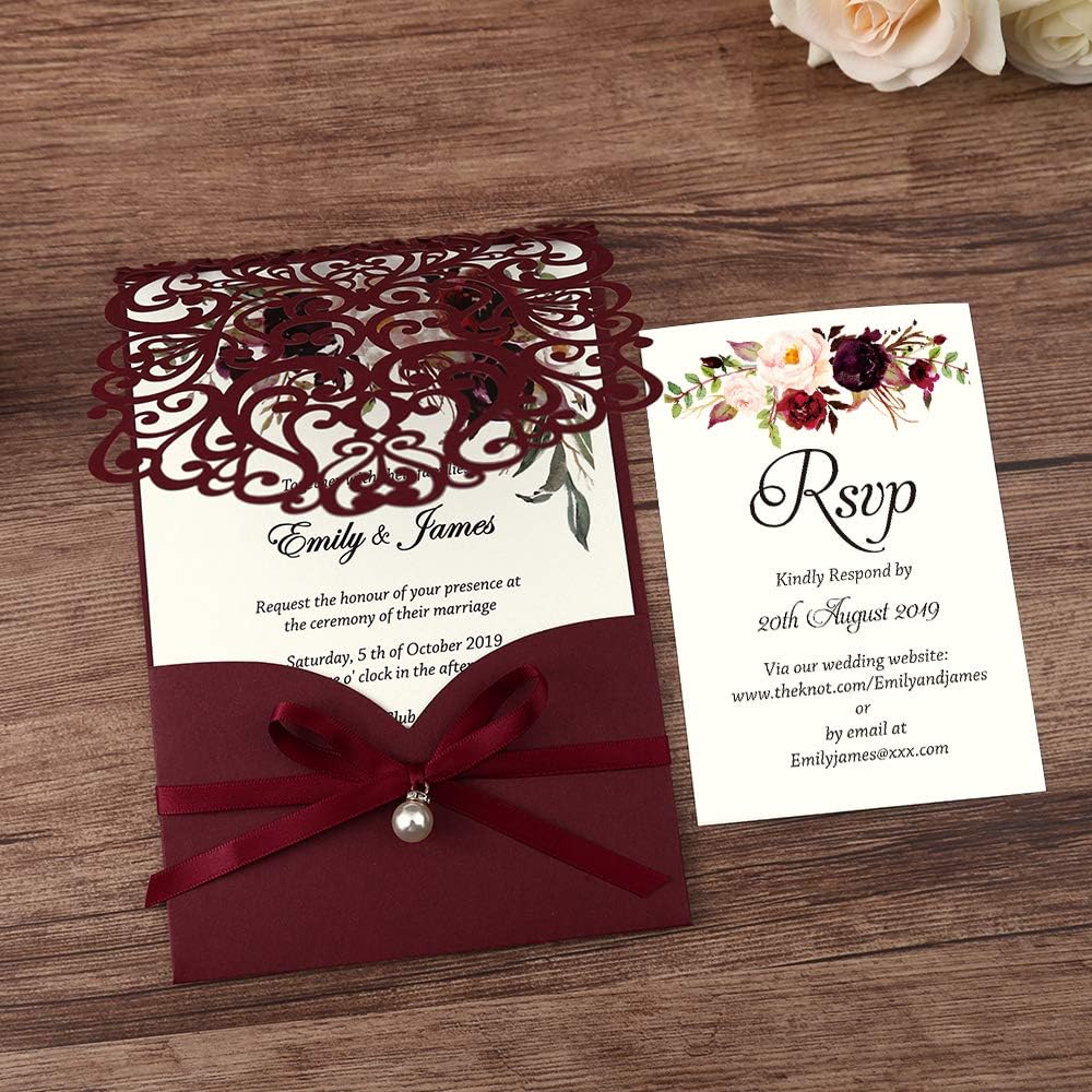 5X7.2 Inch 50PCS Personalized Laser Cut Burgundy Wedding Invitations with RSVP Cards and Envelopes, Wedding Invitation Cards with Ribbon Belly Band Pearl Embellishments