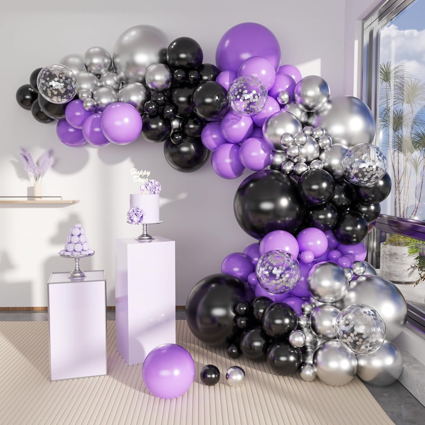 62 Pcs 12 Inch Black White Purple Balloons Arch Kit, Matte Black and White Metallic Purple Confetti Party Balloons with Ribbons for Birthday, Wedding, Baby Shower, Graduation Decorations