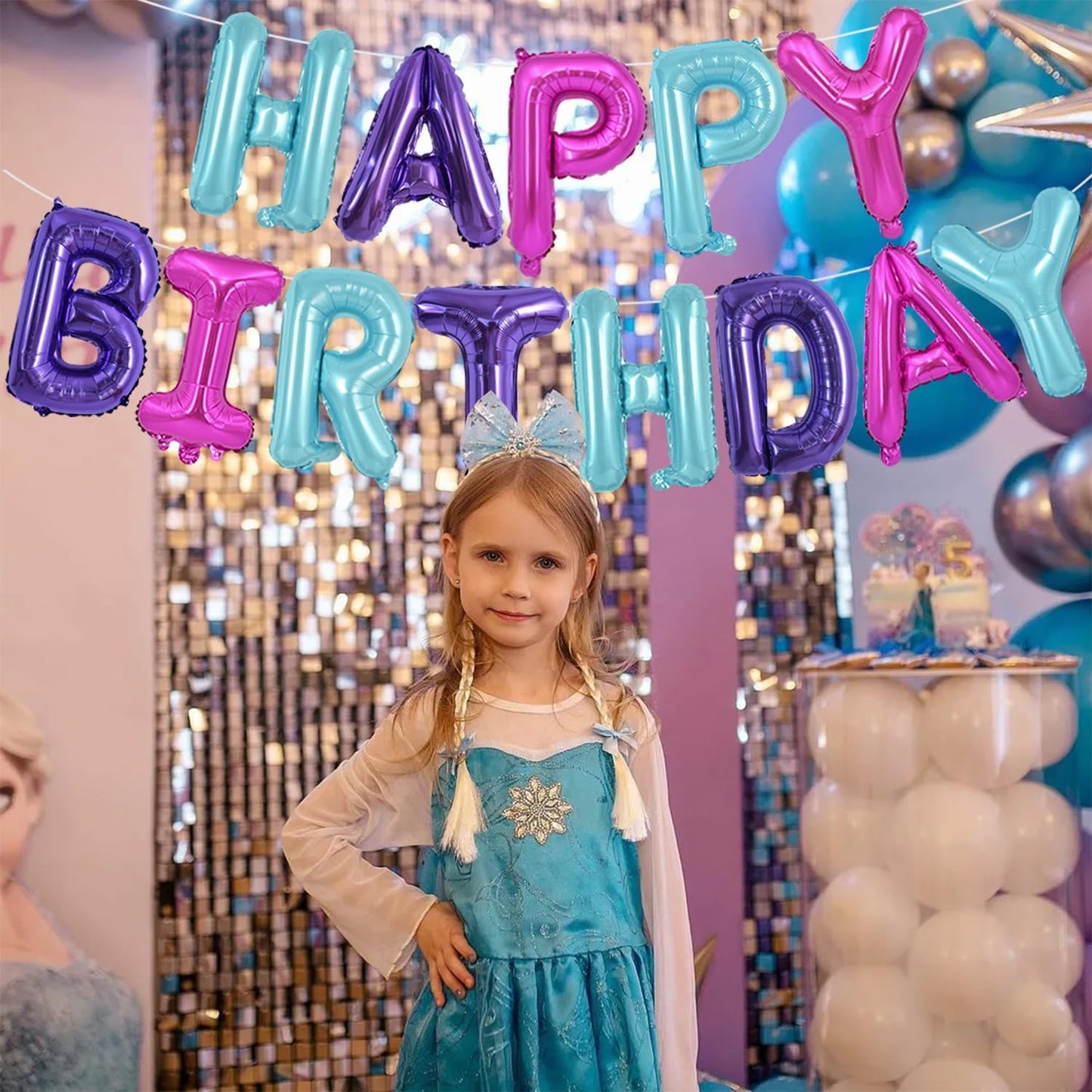 TONIFUL Happy Birthday Balloons Banner with Ribbon Straw,16 Inch Mylar Letters Birthday Sign Banner Balloon Bunting Reusable for Girls Kids & Adults Birthday Halloween Supplies（Blue Purple Pink）