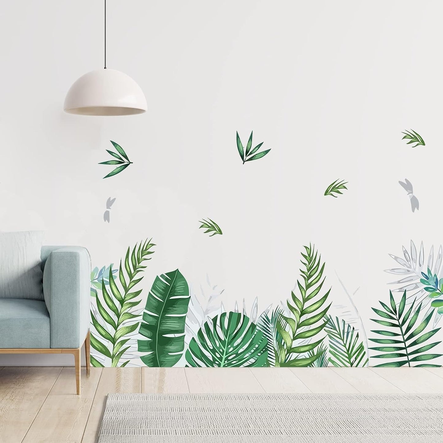 Green Tropical Palm Tree Leaves Wall Stickers, KALYLOC Waterproof Tropical Green Leaf Plants Wall Decal, Peel and Stick Nature Jungle Wall Decor for Living Room Bedroom Door Decoration (A)