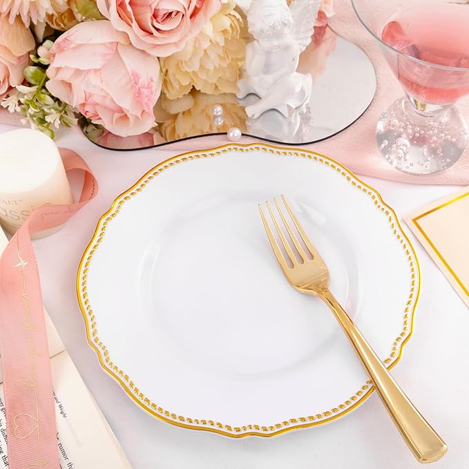 Hioasis 60pcs Gold Plastic Plates - White and Gold Disposable Dinnerware with Gold Rim, Heavy-duty, 7 inch, Dessert Plates for Party & Thanksgiving