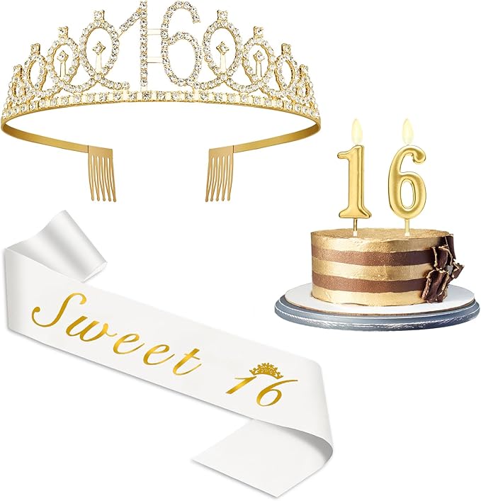 Sweet 16 Party Decorations for Girls with Sweet 16 Sash White, Rhinestone 16th Birthday Tiara, 16 Candles Gold, 16th Birthday Gifts for Girls Gold White Set