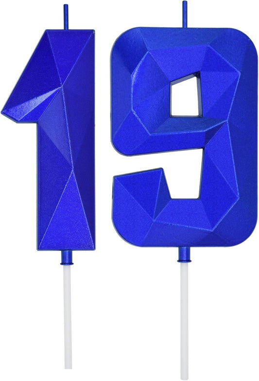DERVENTA Large Birthday Candle Number 3D Blue 3.7 inch Party Celebration Anniversary Decoration Cake Topper 1 Piece (Number 19 Blue)