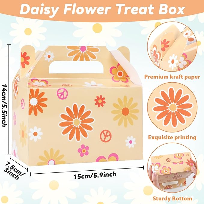 ZOIIWA 24 Pcs Daisy Flower Treat Boxes Party Supplies Hippie Daisy Flower Summer Party Favors Goodie Gift Boxes Birthday Wedding Decorations Retro Hippie Boho Treat Candy Box Home