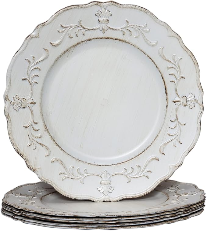 Spsyrine White Antique Charger Plate, 13" Embossed Plastic Table Plate Chargers for Dinner, Set of 6 Elegant Decorations for Wedding, Dining, Party Events.