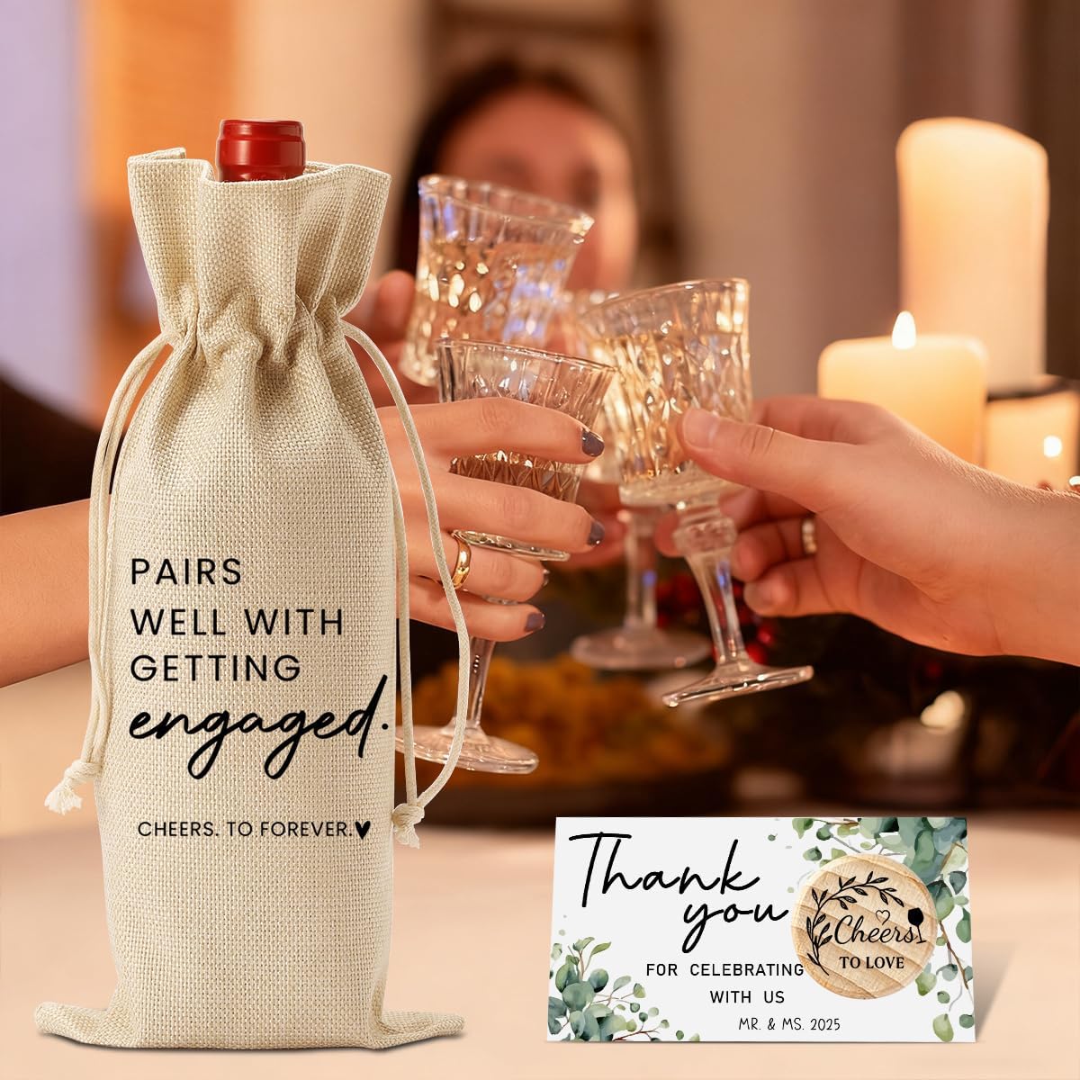 Engaged Gifts Engagement Gifts for Couples Her Engagement Party Decorations Gift for Couple Wine Bag Pairs Well with Getting Engaged Wine Bottle Bag with Thank You Card And Stopper
