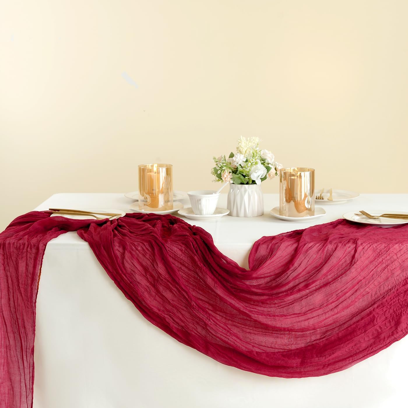 Sioloc Burgundy Red Cheesecloth Table Runner Fall Autumn Decor for Home 10ft Table Cloth for Wedding Birthday Party Bridal Shower Christmas Halloween Thanksgiving