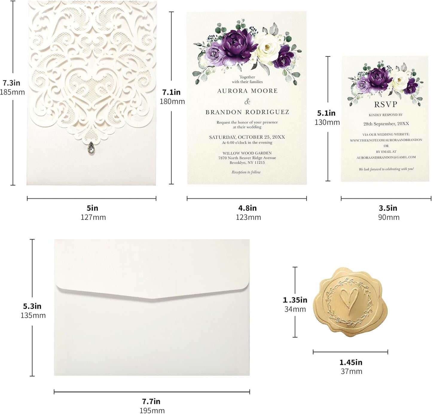50pcs Laser Cut Wedding Invitations with Envelopes and RSVP Cards Purple and Ivory White, 5x7.3 Personalized Invitation Cards for Wedding, Anniversary Invitations with Rhinestone