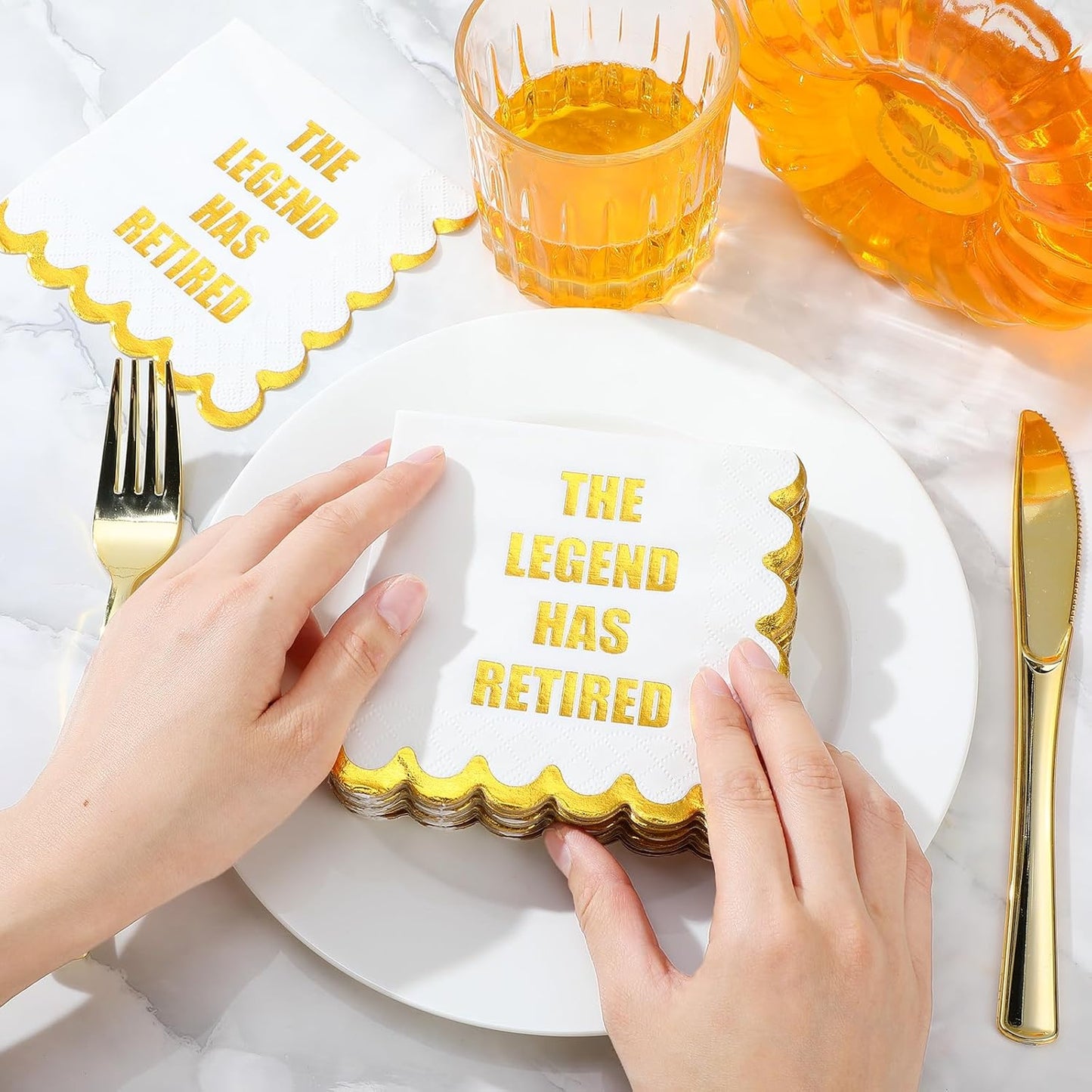 Happy Retirement Paper Napkins the Legend Has Retired Cocktail 5x5 Inches Disposable Gold Lace Napkins with Gold Foil for Party Decorations Supplies(100 Pcs)