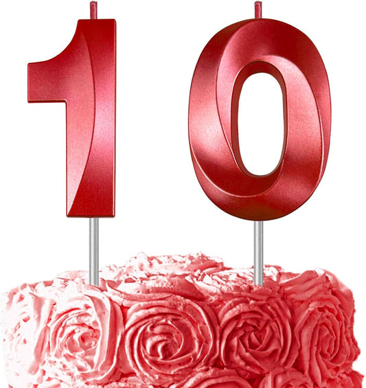 Red Number 10 Candles, 3D Diamond 2.76 Inch Cake Topper Birthday Candles for Wedding Anniversary Cake Decorations, Happy Birthday Party Decorations