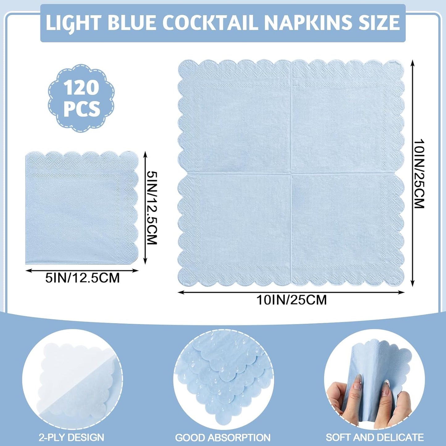 120 Pcs Cocktail Napkins Light Blue Napkins Boy Baby Shower Napkin Disposable Scalloped Blue Beverage Dessert Napkin for Birthday Wedding Baby Bridal Shower, 5 x 5 Inch