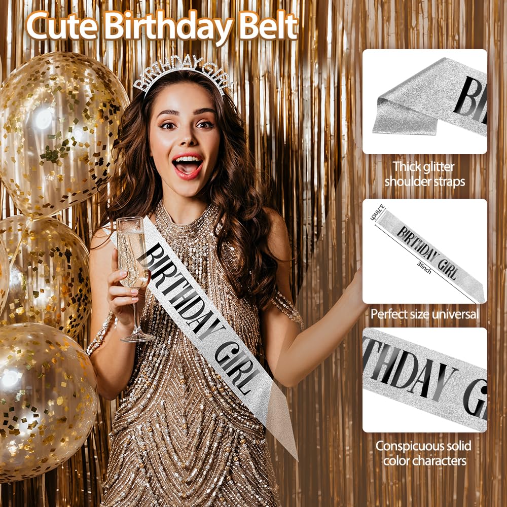 Birthday Sash Birthday Crown for Women, Birthday Girl Sash, Birthday Girl Crown, Glitter Silver Birthday Sash and Crown Rhinestone Headband Set, Happy Birthday Girl Princess Tiara Sash Accessories