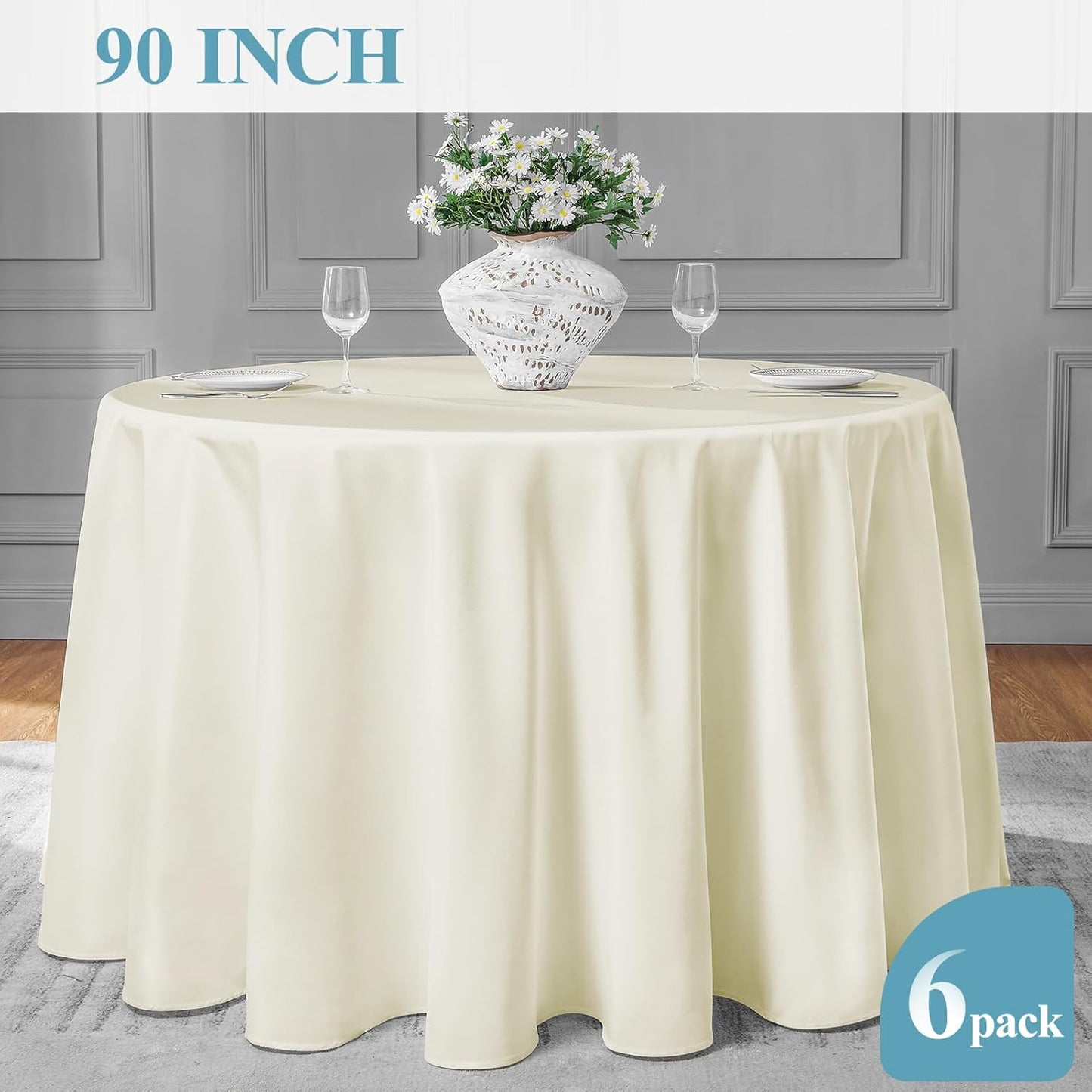 VidaFete Tablecloth 6 Pack 90inch Round Table Cloth Polyester, Stain Wrinkle Resistant Polyester Dining Table Cover for Kitchen Dinning Party Wedding Round Tabletop Buffet Decoration(Ivory)