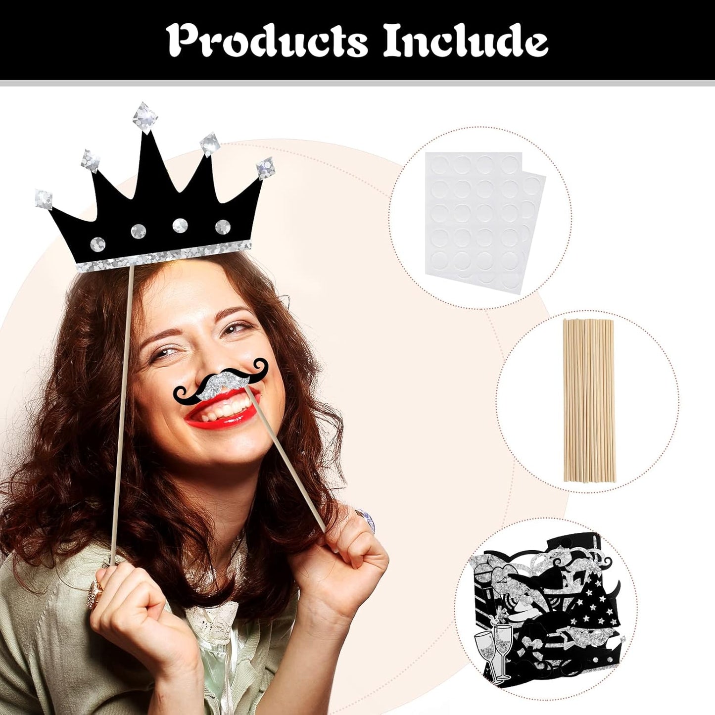 Zonon 24 Pieces Funny Photo Booth Props:Halloween,Christmas,Family Reunion, Class Reunion, Birthday, Weddings, Prom Disco Mardi Gras Party Supplies - Mix of Hats, Lipstick, Tie(Silvery)
