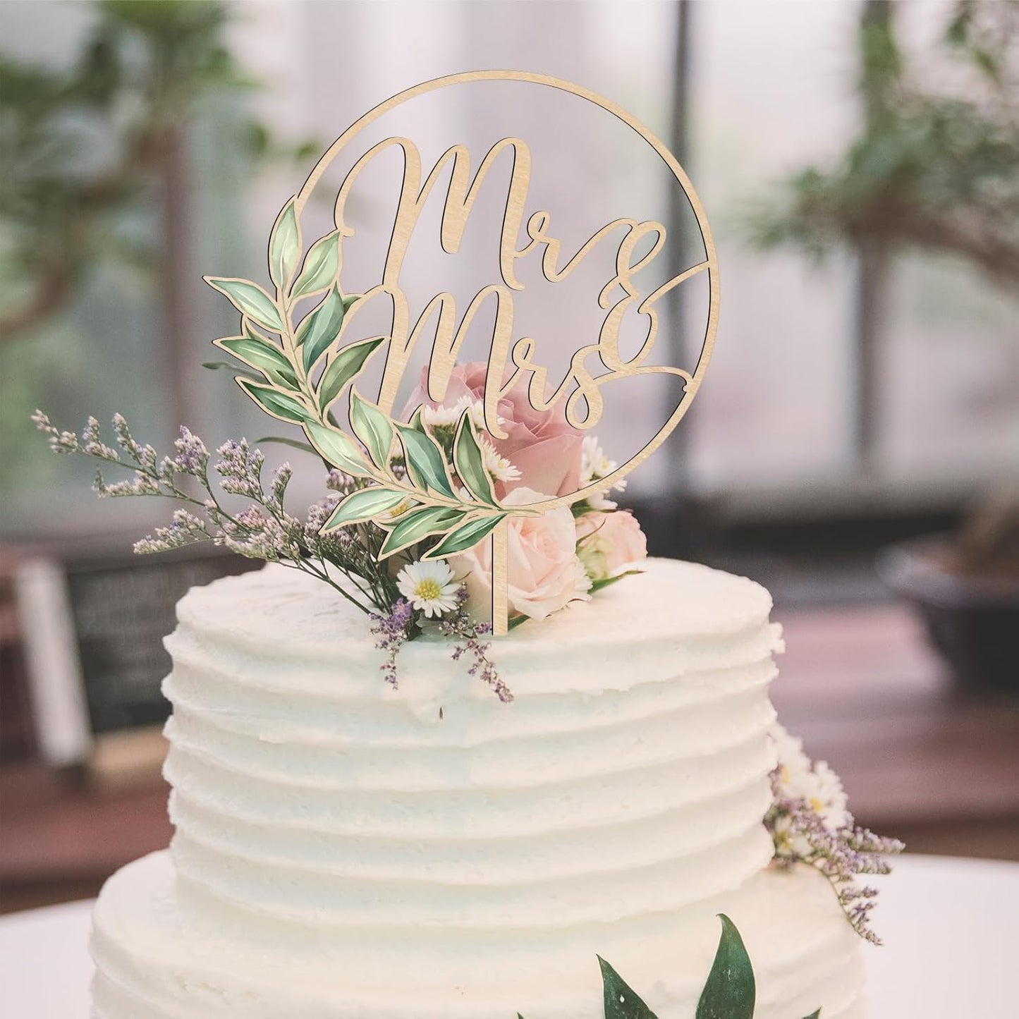 Mr & Mrs Cake Topper Greeny Wedding Cake Topper in Wood (Design 02)